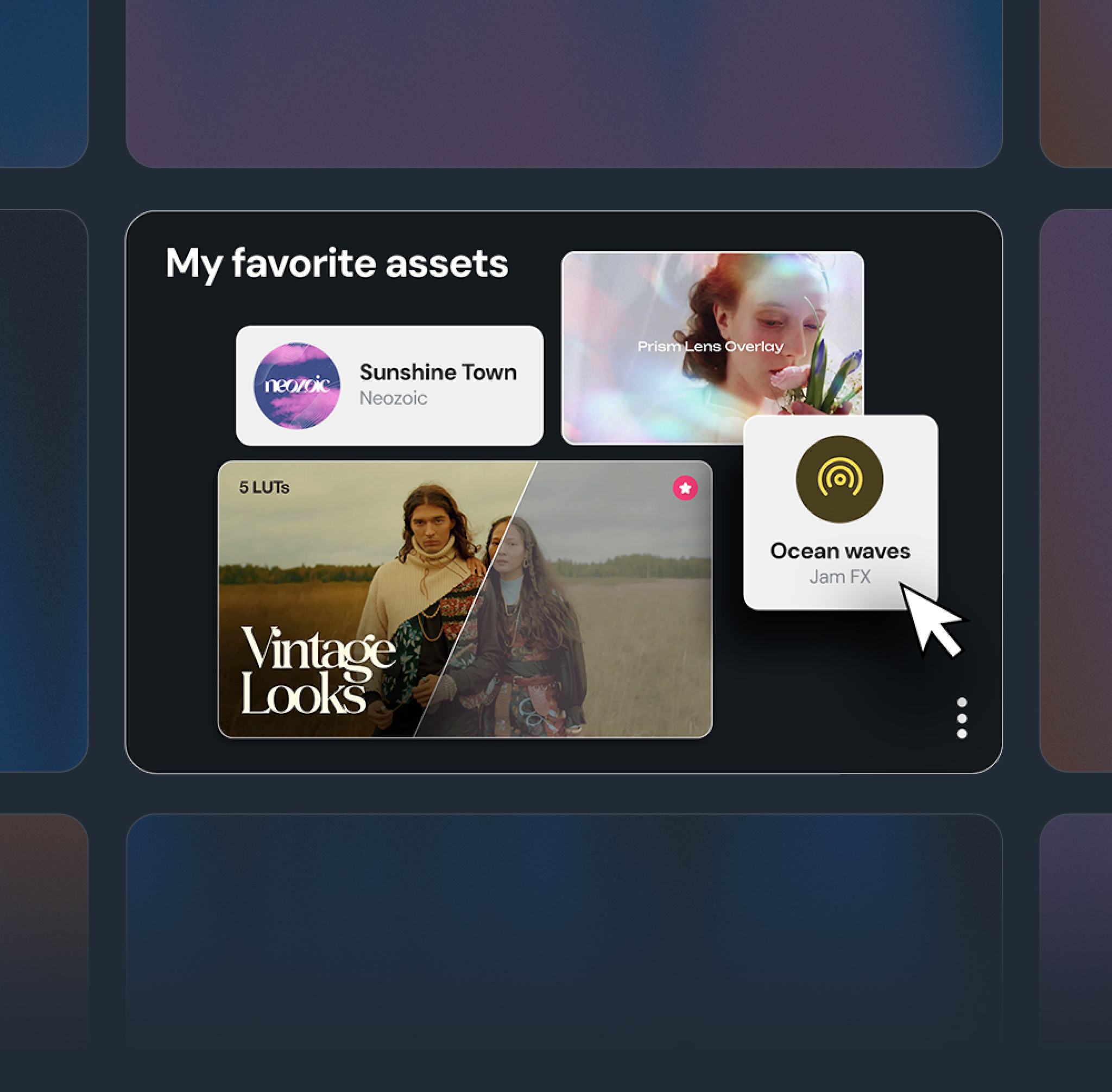 Four tiles depicting creative assets organised in a container representing a board called "My favorite assets".